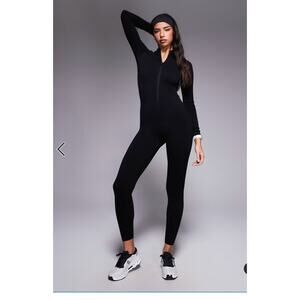 ASOS ribbed catsuit bodysuit 4505 seamless zip front all-in-one in black sz S